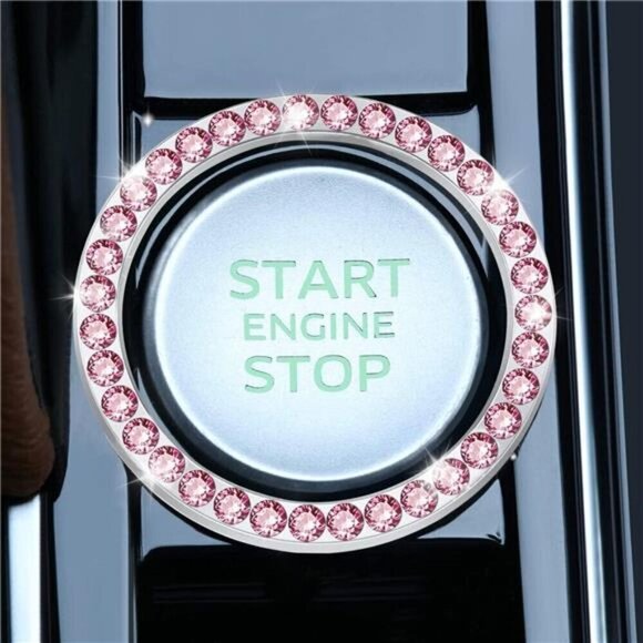 Car Start Button Bling Rhinestone Diamond Engine Button Ring 2-Pack Pink - Picture 2 of 7